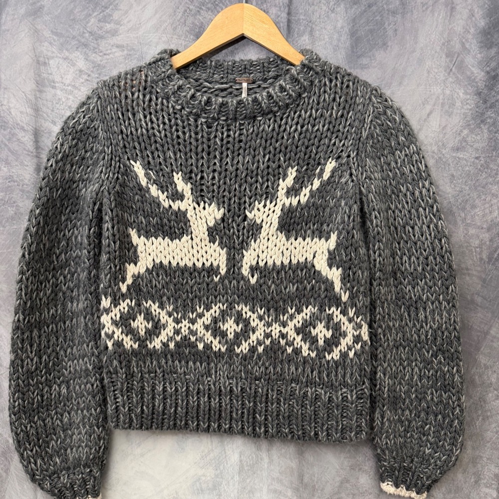 Free People Reindeer Intarsia Chunky Knit Wool Blend Sweater Grey Cream Small